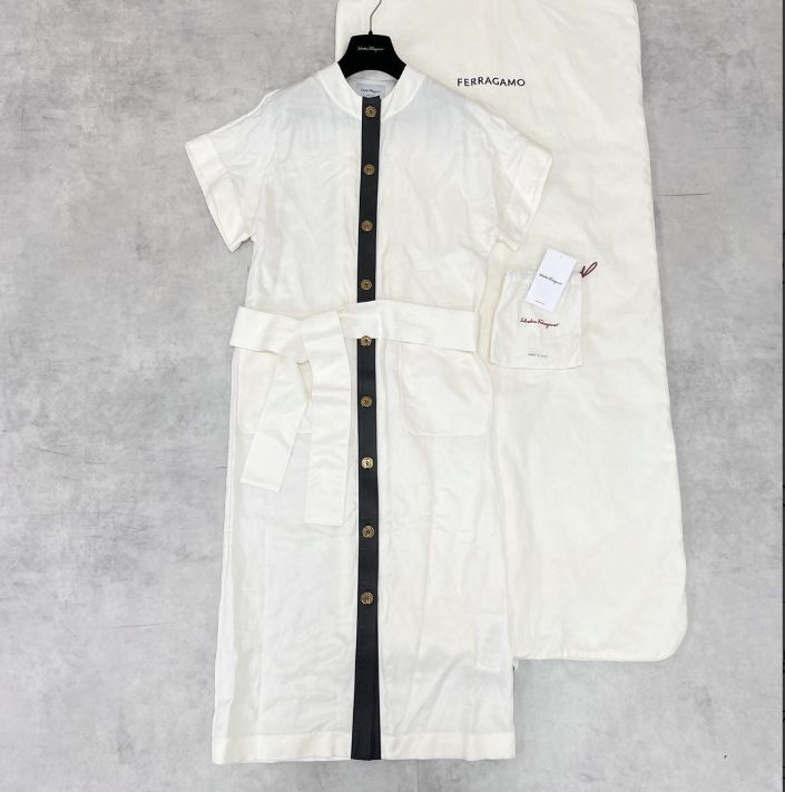 【タグ付】サルヴァトーレフェラガモ ロング ワンピース シルク リネン レザー ferragamo