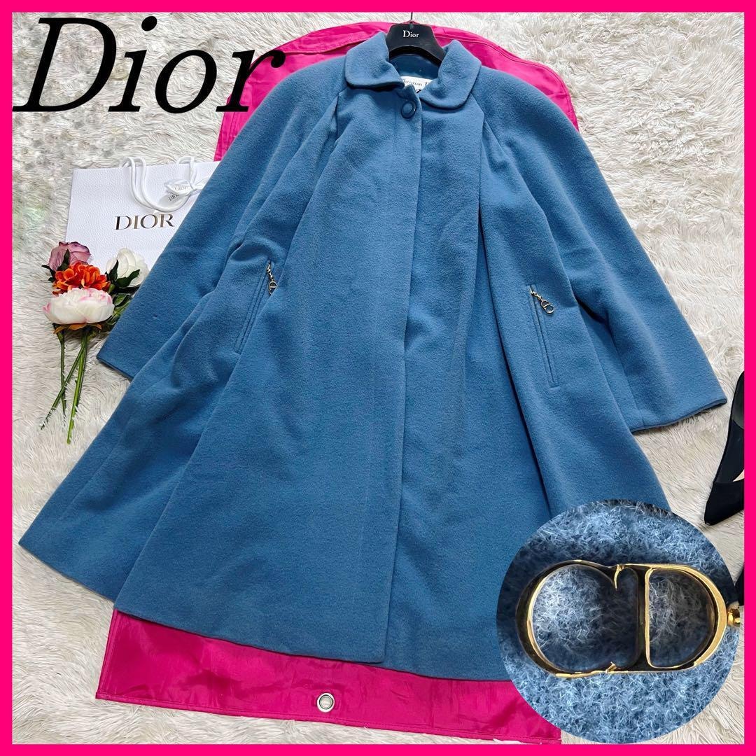【良品】Christian Dior ロングコート ブルー 9 M アルパカ クリスチャンディオール