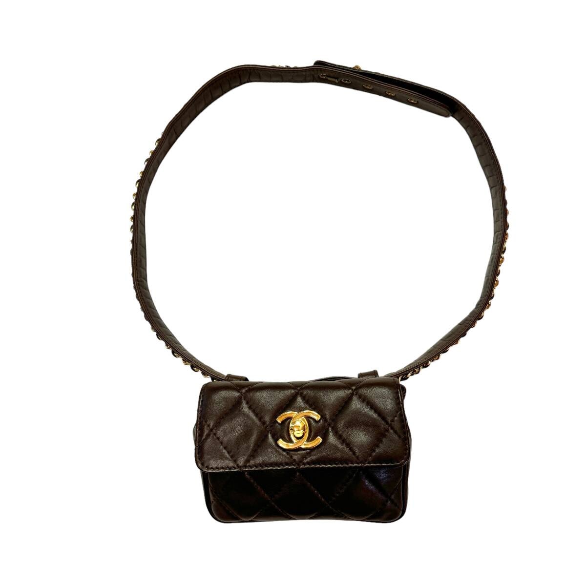Chanel ヴィンテージ ウエストバッグ マトラッセ ブラウン ベルトバッグ チェーン