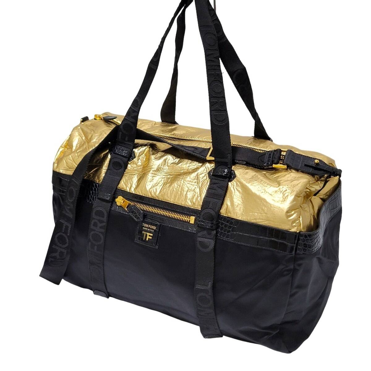 36万 新品 本物 トム フォード TOM FORD 光沢のあるスタンプ クロコダイルレザー×ナイロン バッグ MADE IN ITALY TF ロゴ入り GOLD /BLACK