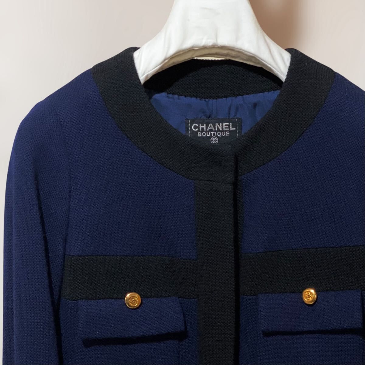 VINTAGE CHANEL ニットワンピース ネイビー×ブラック ココボタン COCO オールドシャネル 80S 90S