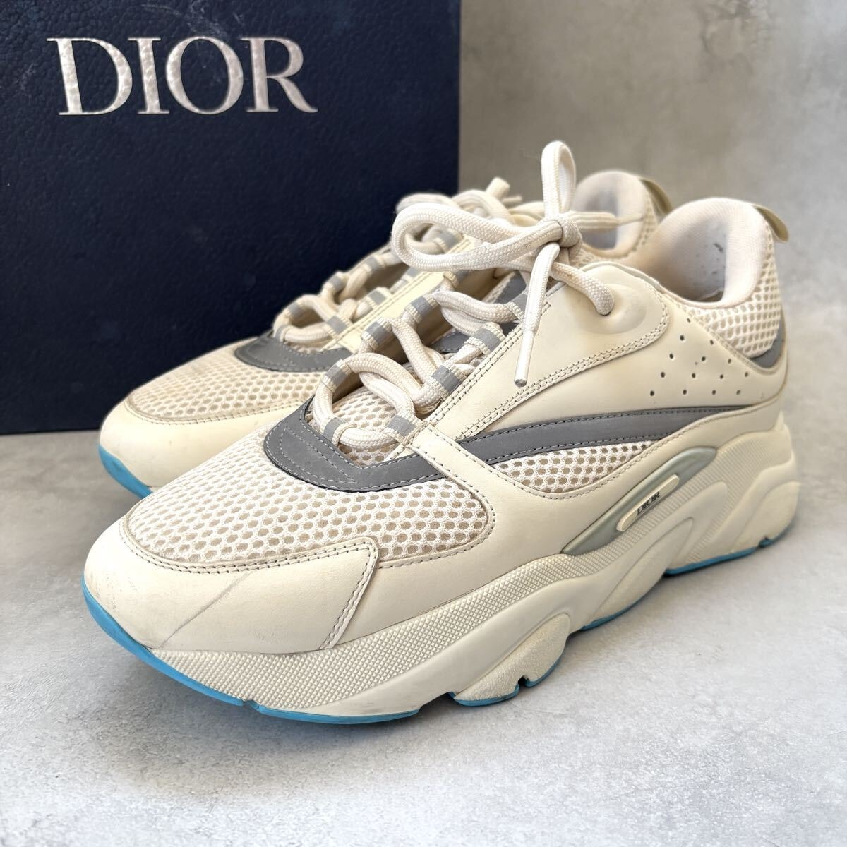 箱付き Dior B22 スニーカー White Silver Blue US42 27.5cm ディオール メンズ
