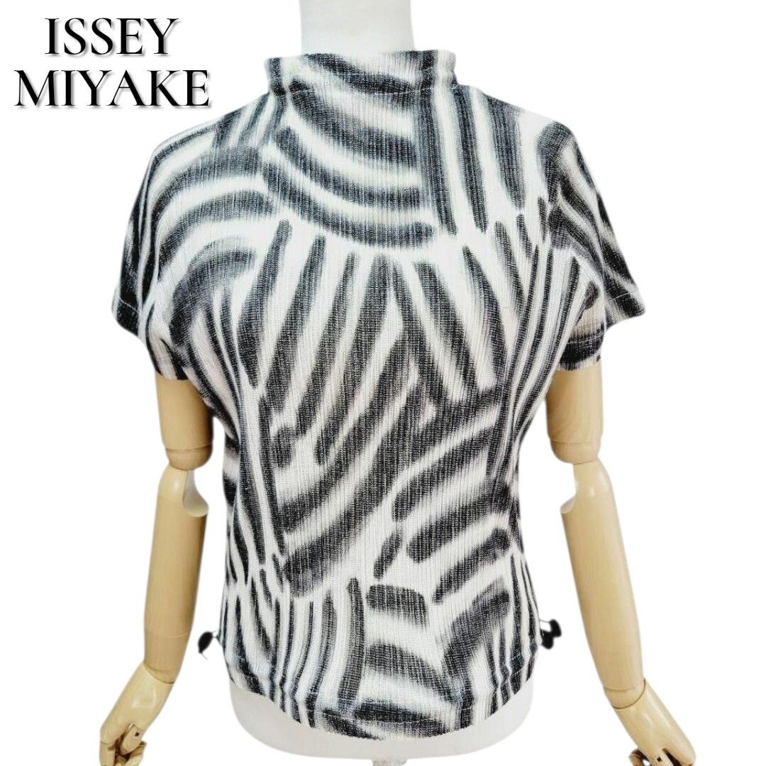 極美品 イッセイミヤケ プリーツドローコード付き 半袖カットソー トップス PLEATS PLEASE ISSEY MIYAKE プリーツプリーズ ゼブラ 