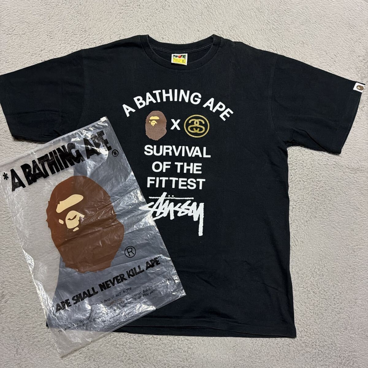 A BATHING APE STUSSY ワールドツアー　tシャツ XL 黒　BAPE tee 黒　ブラック　
