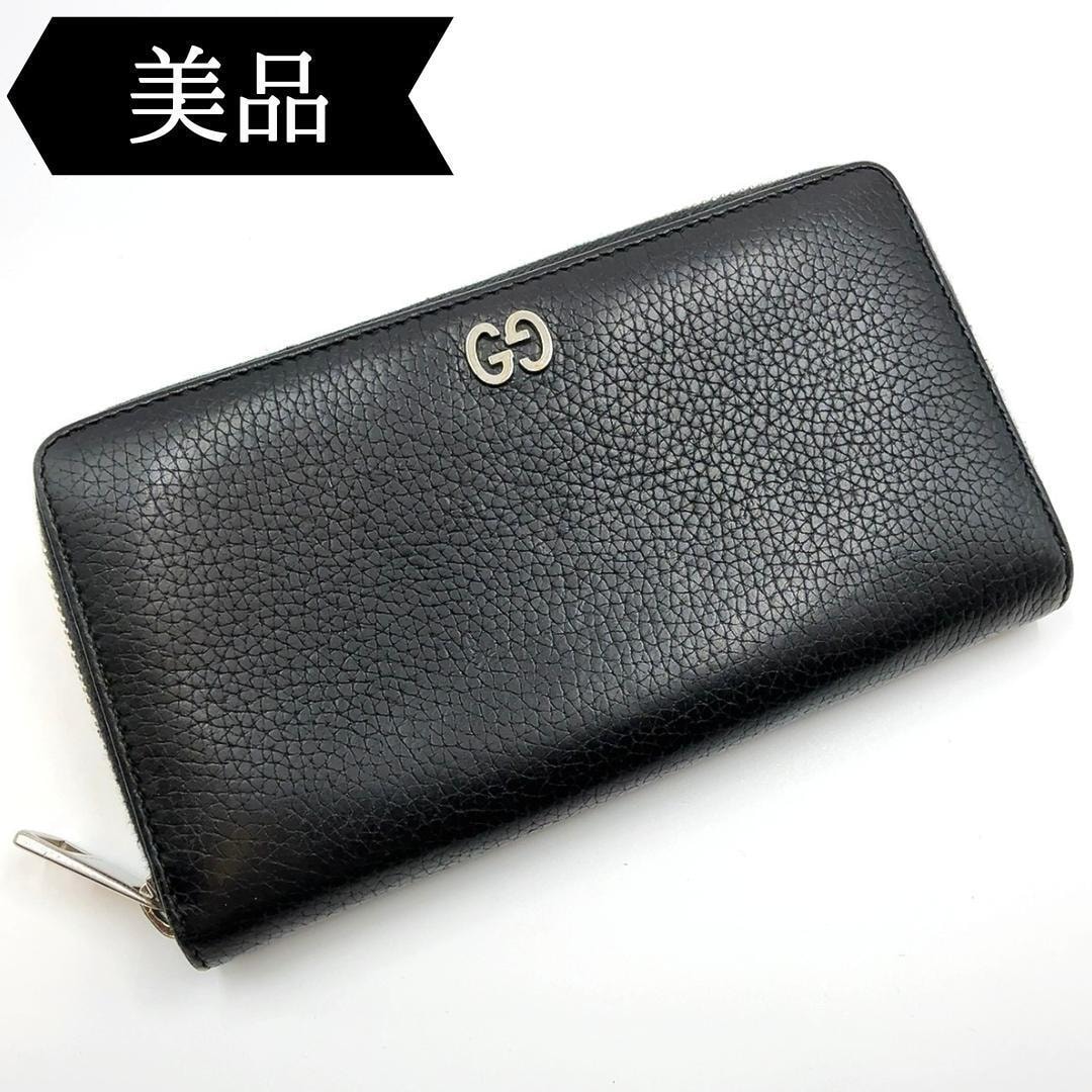 ◇グッチ◇473928/レザー/ラウンドファスナー/長財布/ブラック/シルバー