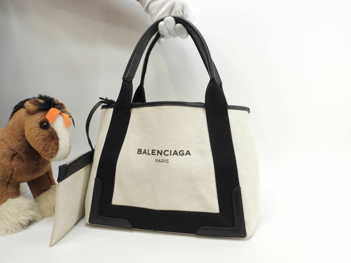 バレンシアガ ネイビーカバS デニム/レザー 白黒 ハンドバッグ トートバッグ@ 5