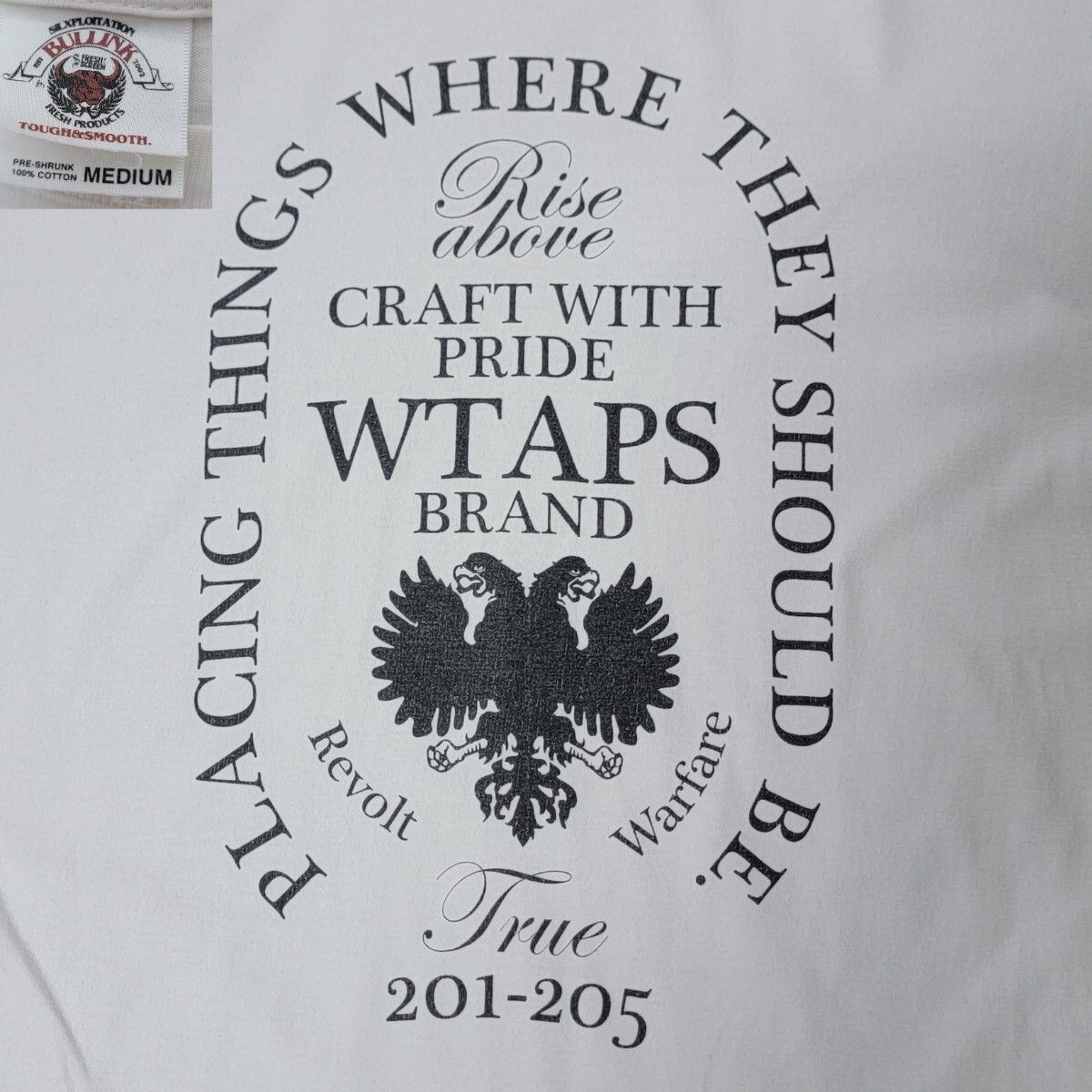 希少 BULLINK生地 RISE ABOVE ダブルタップス WTAPS へラルドリーロゴ 両面プリント Tシャツ M 白 半袖 カットソー