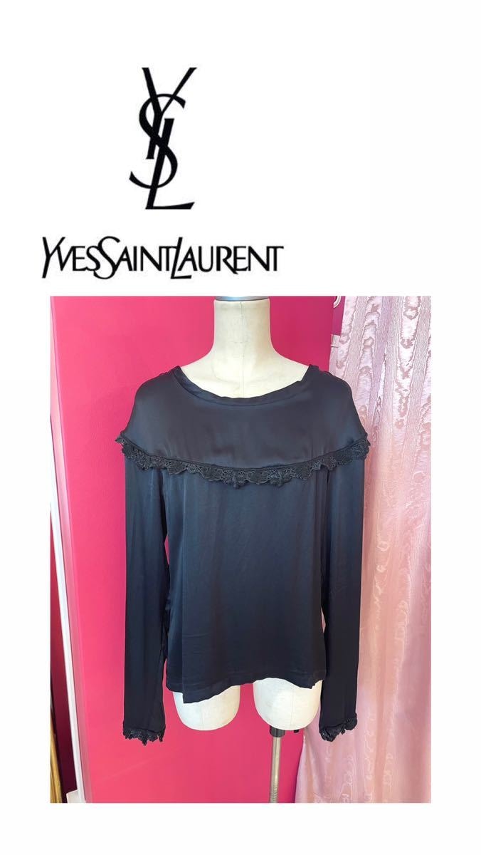 181603 YVESSAINT LAURENT イヴ・サンローラン シルク ブラウス 長袖 レース 黒 