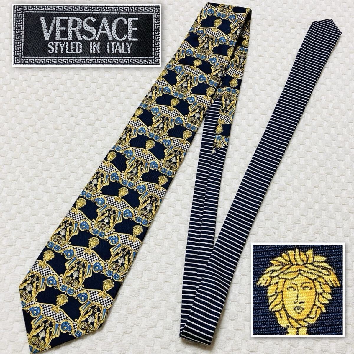■良品■VERSACE ヴェルサーチ　ネクタイ　スカーフ柄　メデューサ　黄金装飾　総柄　シルク100 % 日本製　ネイビー×ゴールド×ブルー
