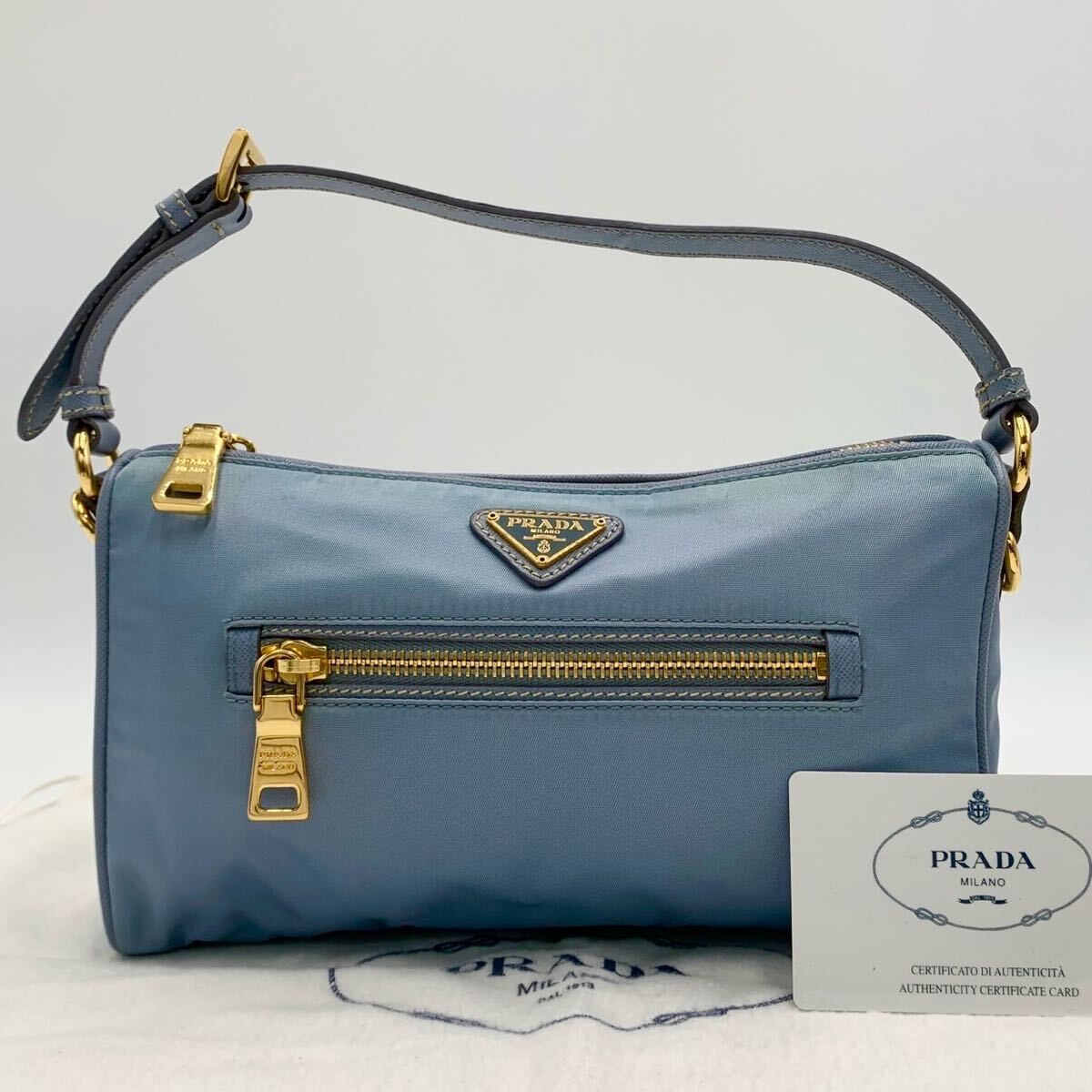 ①希少カラー プラダ PRADA アクセサリーポーチ ハンドバッグ BN1834 ライトブルー 水色 ナイロン サフィアーノレザー 