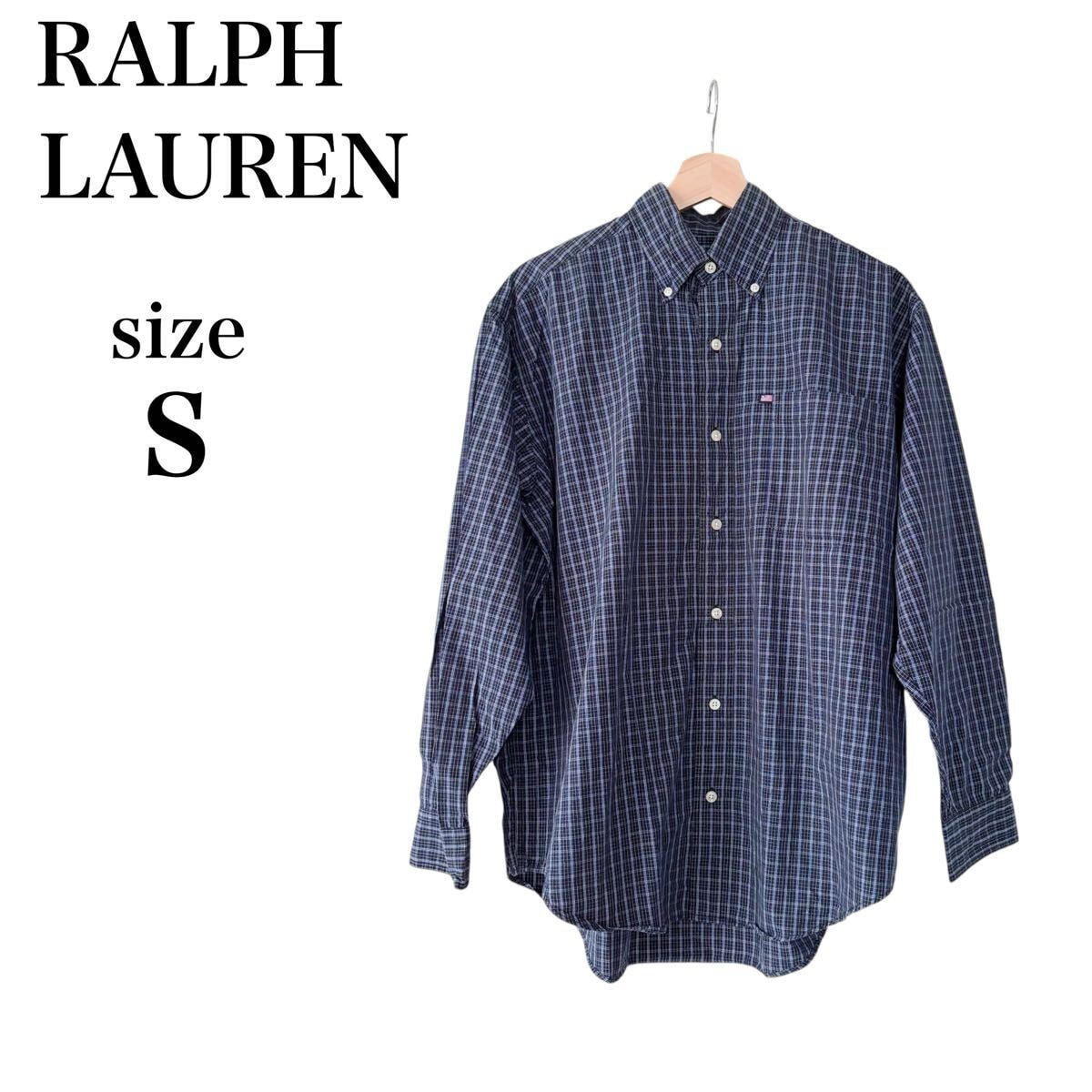 ラルフローレン シャツ 長袖 チェック柄 S ネイビー メンズ　綿100 RALPH ボタンダウン