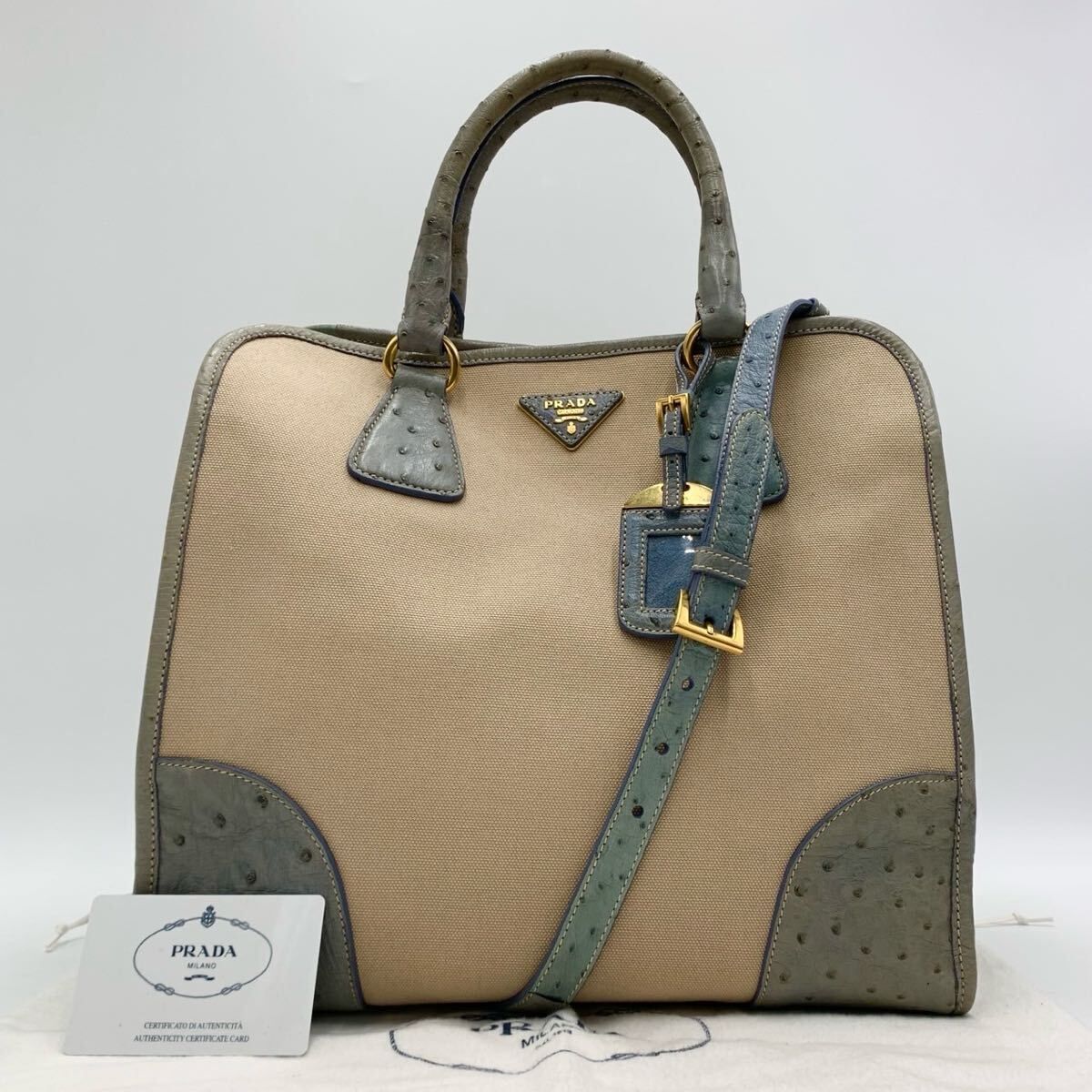 美品・希少素材 PRADA プラダ 2way ハンドバッグ オーストリッチ エキゾチックレザー 本革