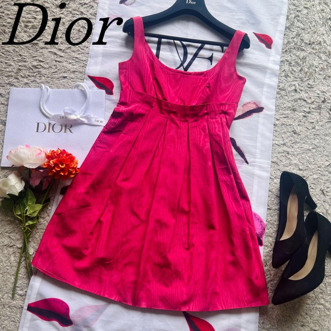 【美品】Christian Dior プリーツワンピース ピンク ノースリーブ クリスチャンディオール