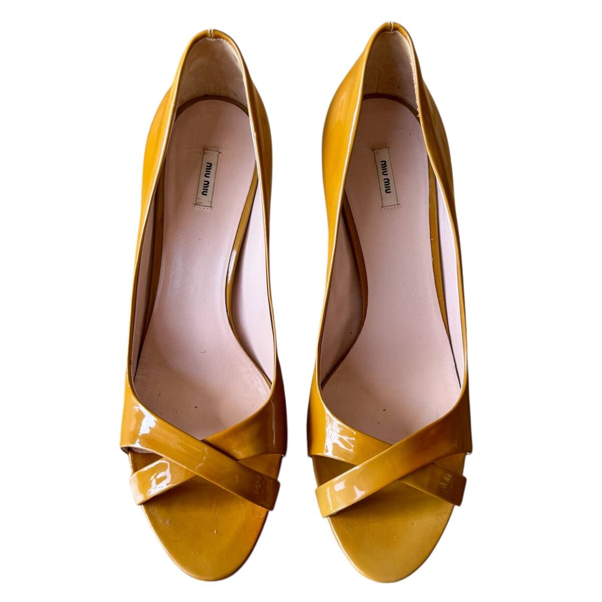 MIU MIU ミュウミュウ オープントゥ ハイヒール ピンヒール パテント キャメル イエロー系 38 靴 パンプス