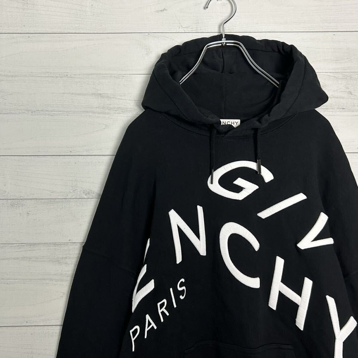 極美品 希少 GIVENCHY ジバンシー ジバンシィ エンブロイダリーロゴ ビッグロゴ プルパーカー 刺繍 オーバーサイズ S ブラック 黒 メンズ