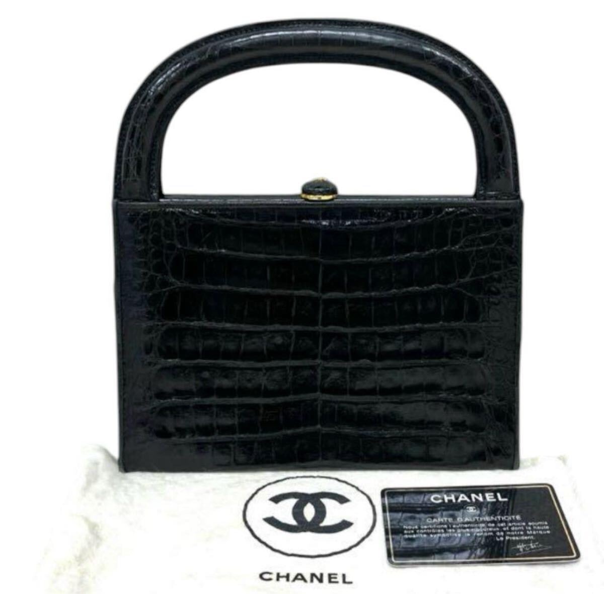シャネル クロコダイルレザー ココマークロゴ がま口 トップハンドル ミニ ハンドバッグ ゴールド金具 黒 ブラック クロコダイル