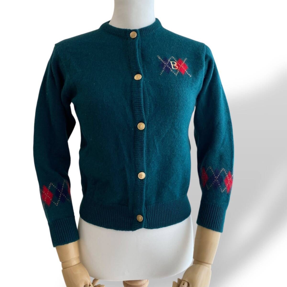 美品　BURBERRY バーバリー　ニットカーディガン　緑　金ボタン　ウール