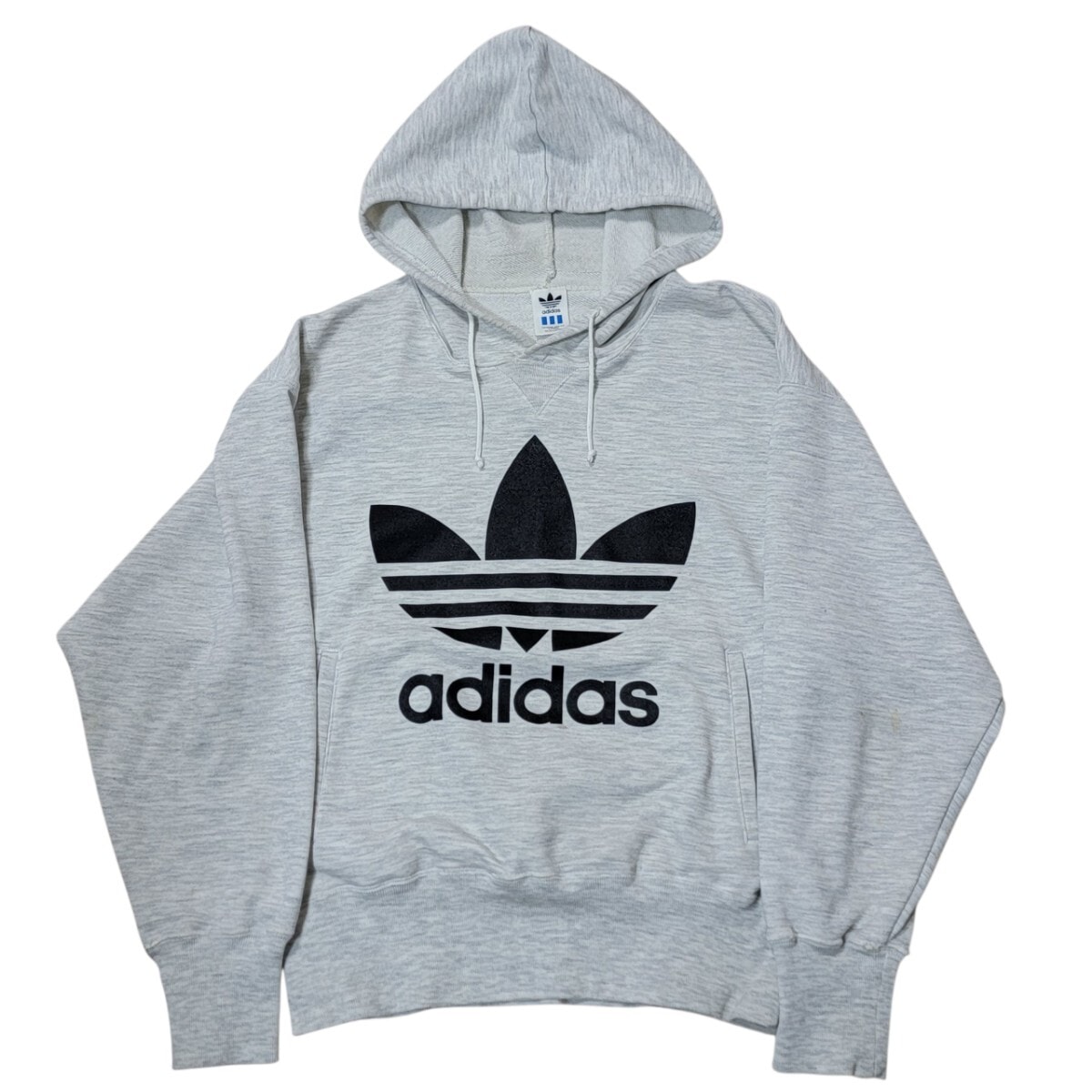 希少 【短丈】【デカロゴ】【前V】 80S～90S アディダス adidas デサント期 パーカー L プルオーバー 霜降りパーカー VINTAGE スウェット