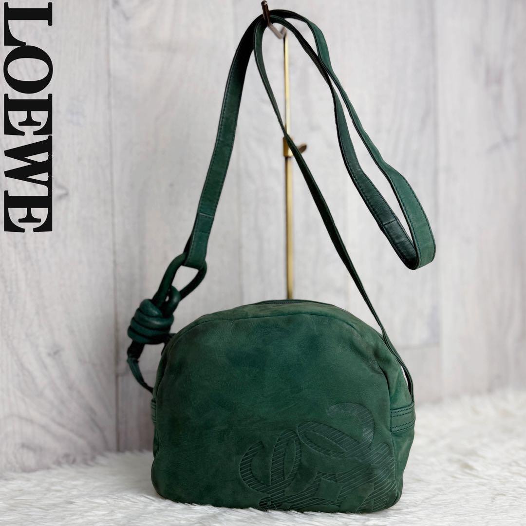 希少 グリーン ヴィンテージ VINTAGE LOEWE ロエベ アナグラム ヌバックレザー ショルダーバッグ フラメンコ