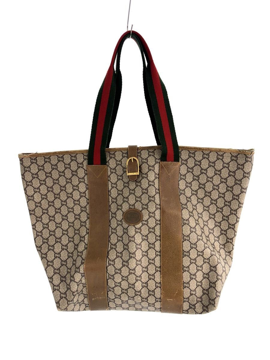GUCCI plus グッチ プラス トートバッグ ショルダー シェリーライン GG柄 ヴィンテージ オールド ベージュ ブラウン PVC レザー 鞄 