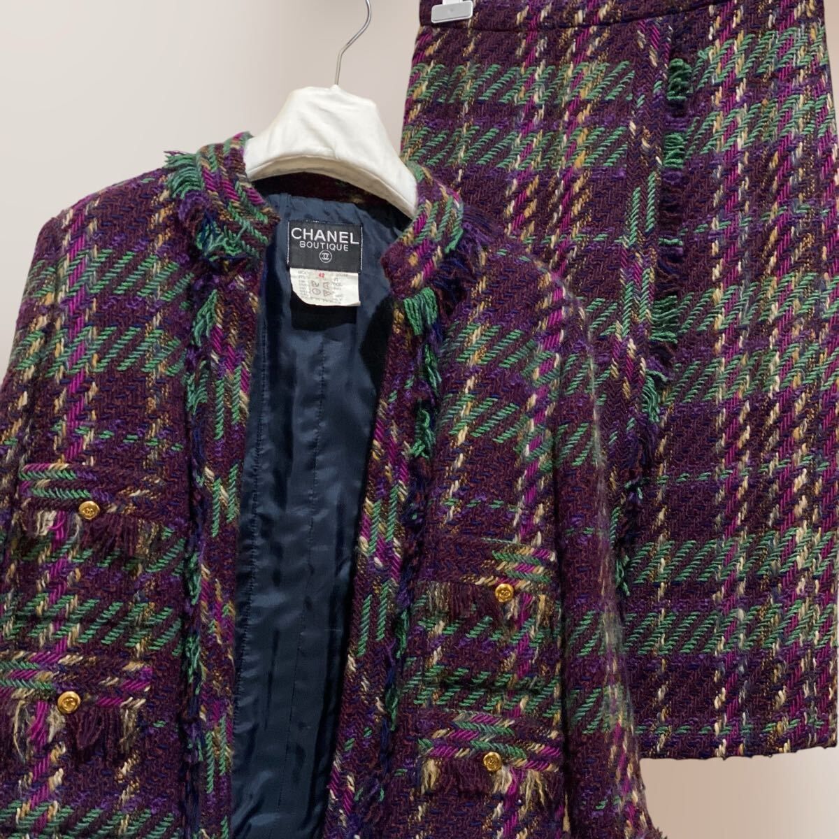 希少 VINTAGE CHANEL ミックスツイードセットアップ ジャケット スカート ココボタン オールドシャネル 〜80S