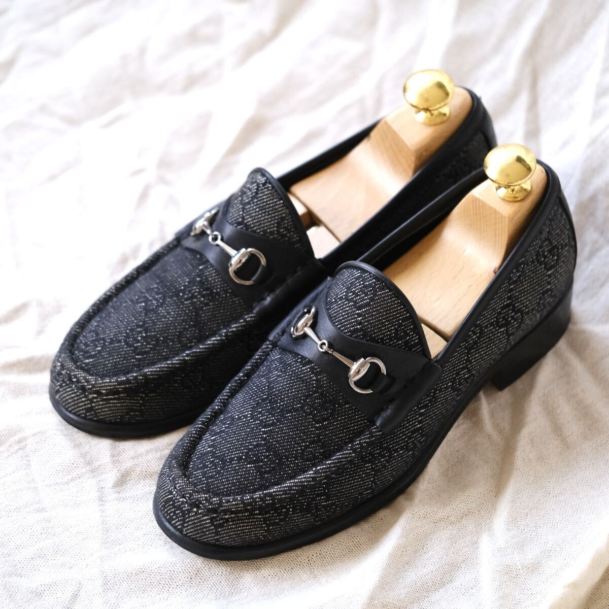 希少GUCCIグッチ キャンバスグッチシマホースビットローファー黒35C