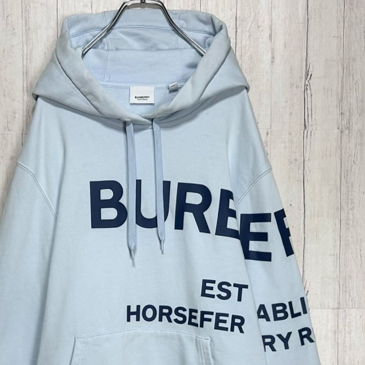 人気デザイン BURBERRY バーバリー ホースフェリー ロゴプリント プルパーカー オーバーサイズ ライトブルー 水色 青色 トップス メンズ