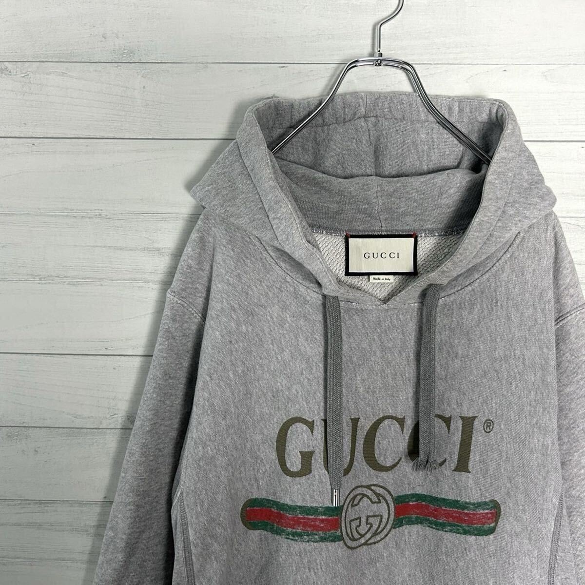 美品 希少 GUCCI グッチ シェリーライン インターロッキング ヴィンテージロゴ プルパーカー オーバーサイズ グレー トップス メンズ