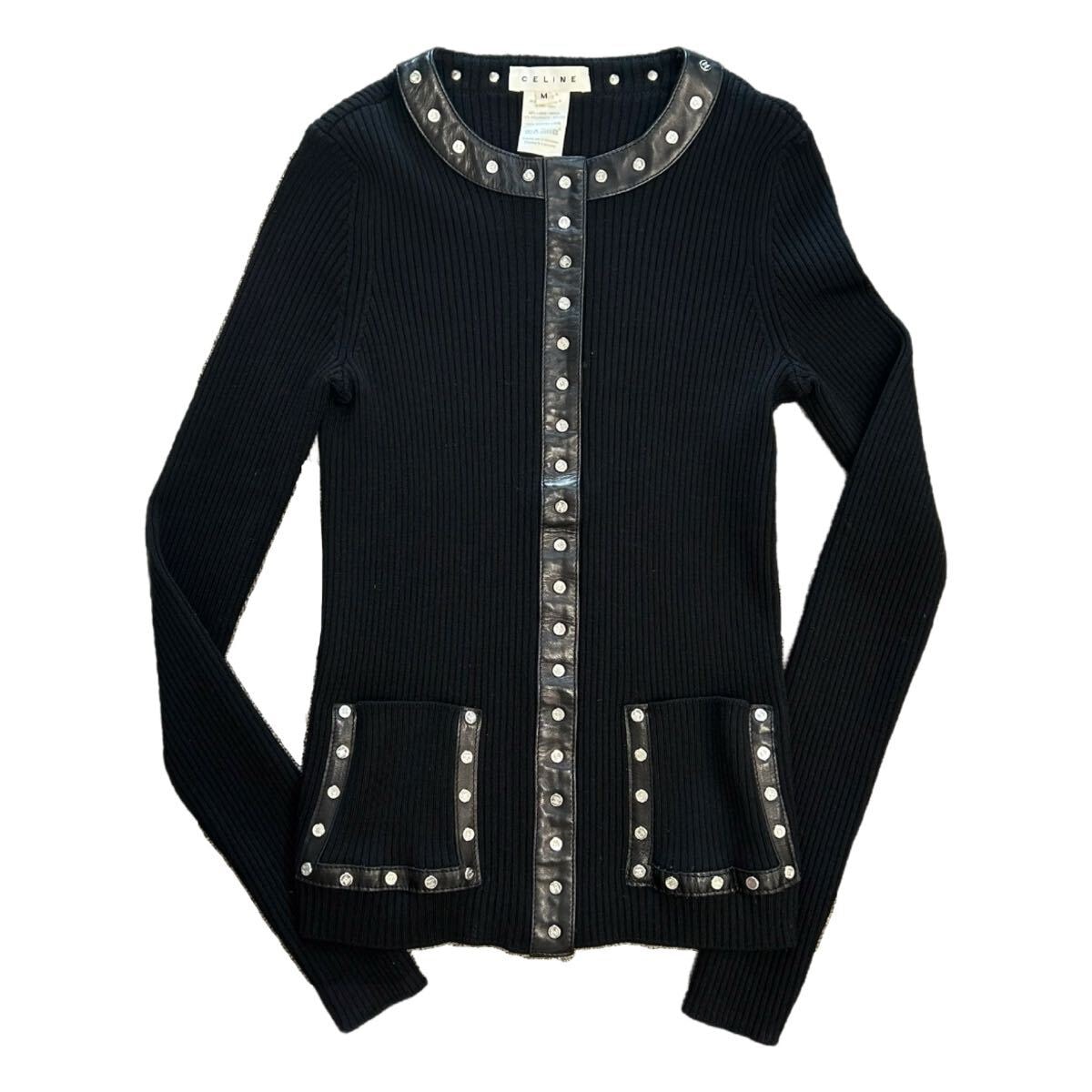 CELINE セリーヌ　カーディガン　リブニット　ブラック　マカダム　M　レザー　トリム　ヴィンテージ　vintage レディース