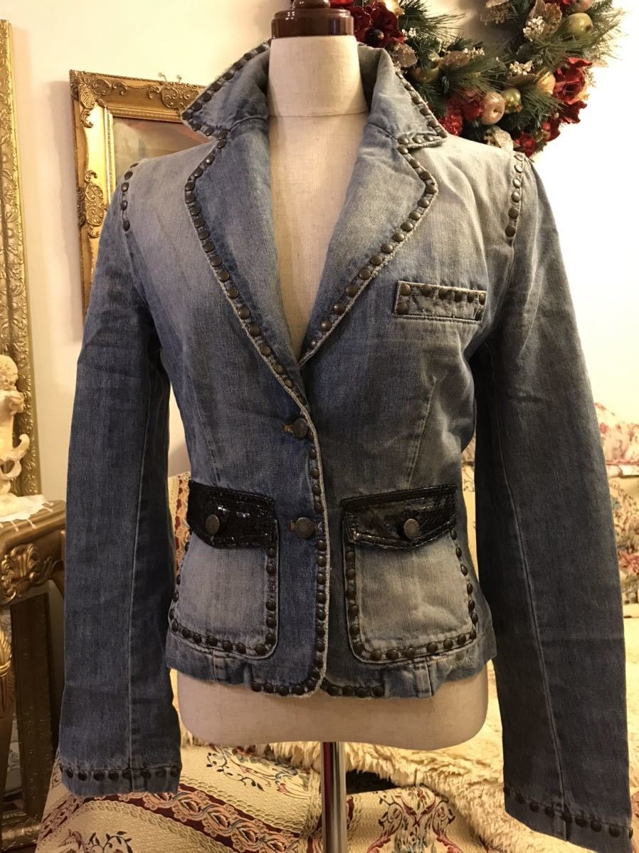 希少高級正規ドルチェ＆ガッバーナDOLCE＆GABBANAデニムジャケット黒パイソンDGメタルロゴドルガバ豹柄ヒョウ柄レオパードヴィンテージ