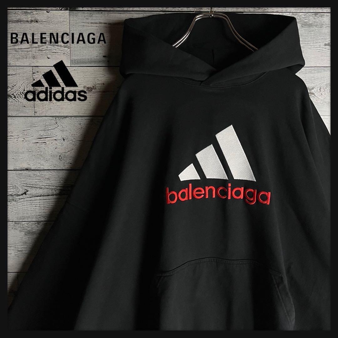 【超希少コラボ】バレンシアガ×アディダス☆ビッグ刺繍ロゴ入りパーカー ブラック