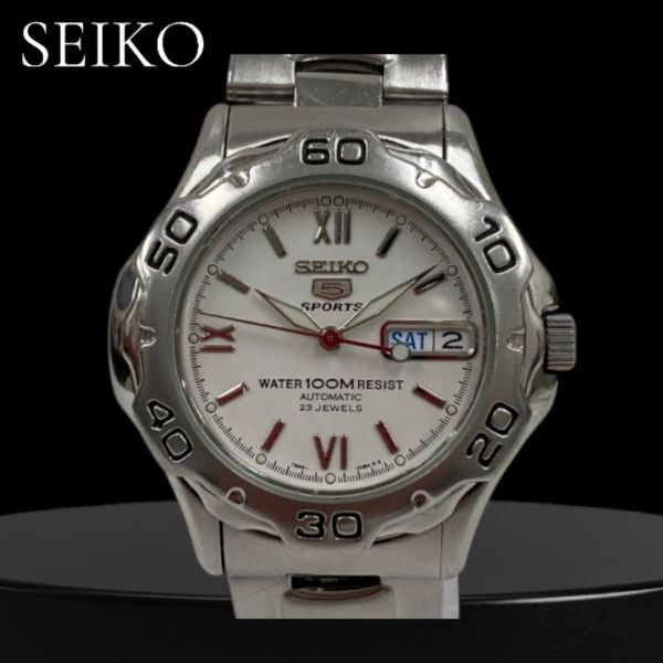 【稼働品/2003年７月製造】SEIKO 5 SPORTS 自動巻き 23石 白文字盤 7S36A シースルーバック 100M防水 メンズ腕時計