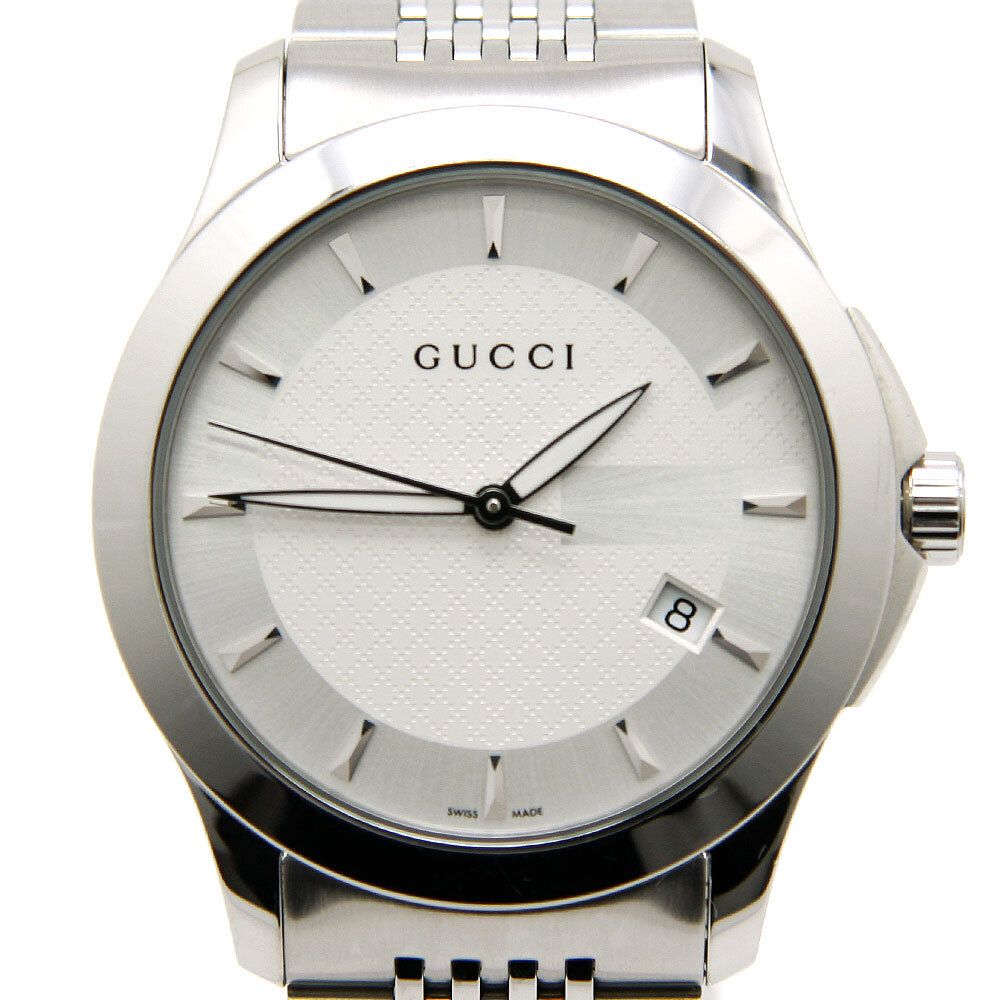 中古美品 グッチ 腕時計 G-Timeless Gタイムレス メンズ クォーツ YA126401 GUCCI シルバー ホワイト ディアマンテ柄 アナログ ブランド