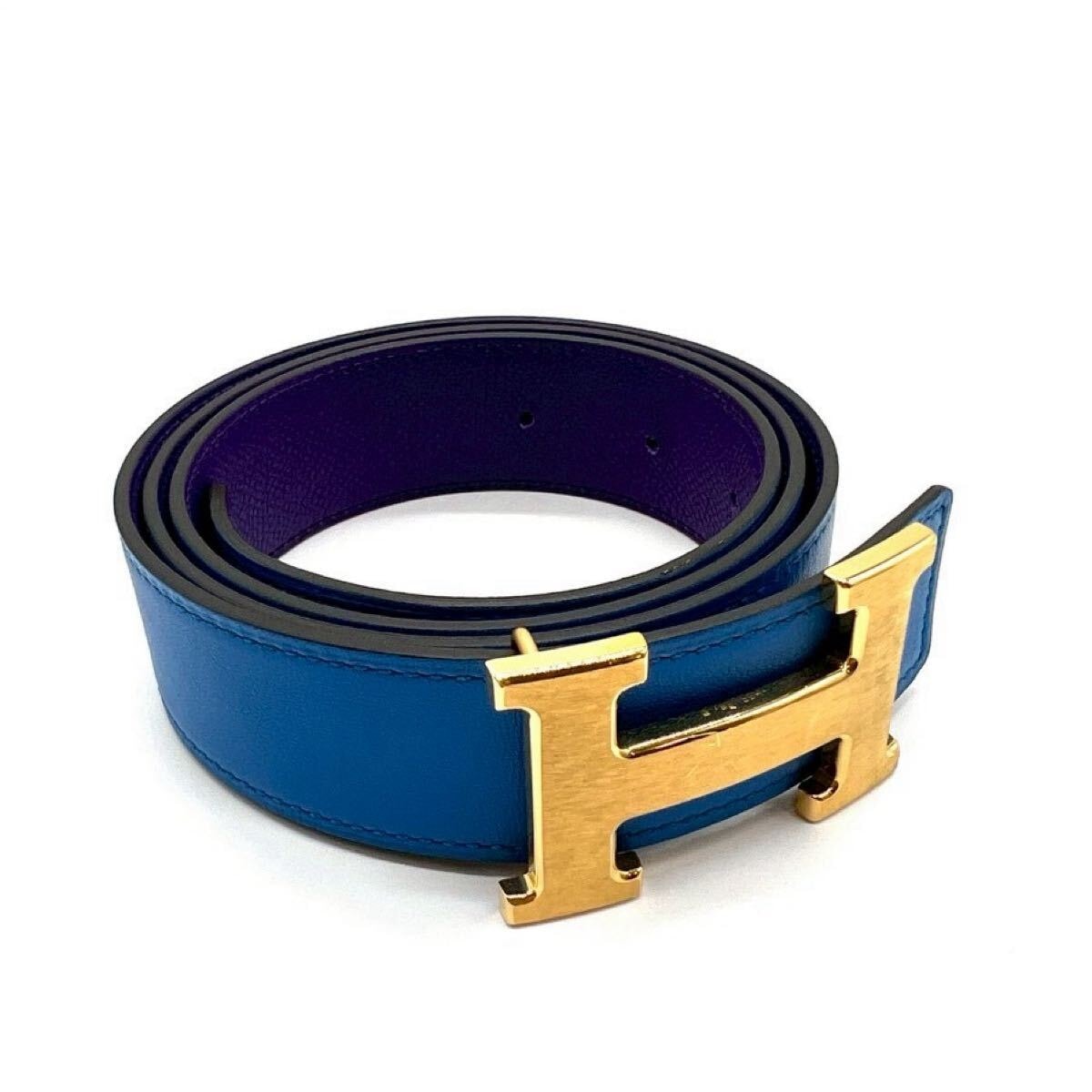 HERMES エルメス Hベルト コンスタンス □Q 90 パープル ブルー ゴールド金具 レザー リバーシブル