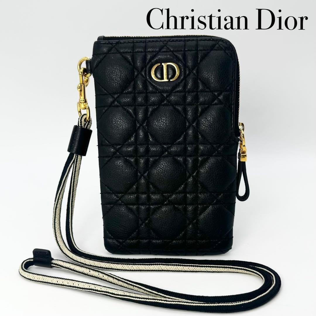 Christian Dior クリスチャンディオール ディオールカロ マルチファンクッションポーチ CD カナージュ スマホショルダー 黒 レディース