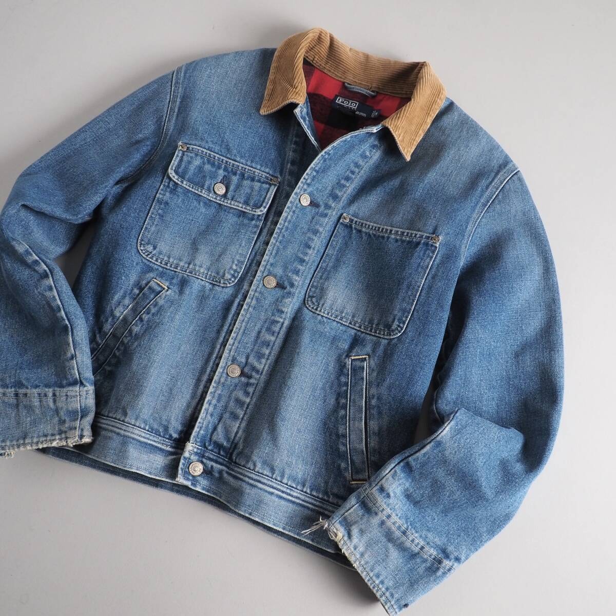 ラルフローレン　Ralph Lauren　デニムジャケット　襟コーデュロイ　裏地チェック　美品　メンズ