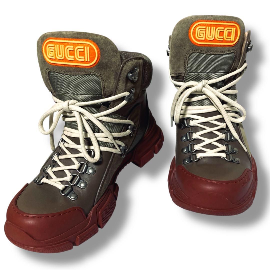 使用感少 美品 グッチ GUCCI 522989 スエード フラッシュ トレッキング ブーツ ヒモ ロゴ スニーカー ブラウン 茶 登山 39 24.5cm 