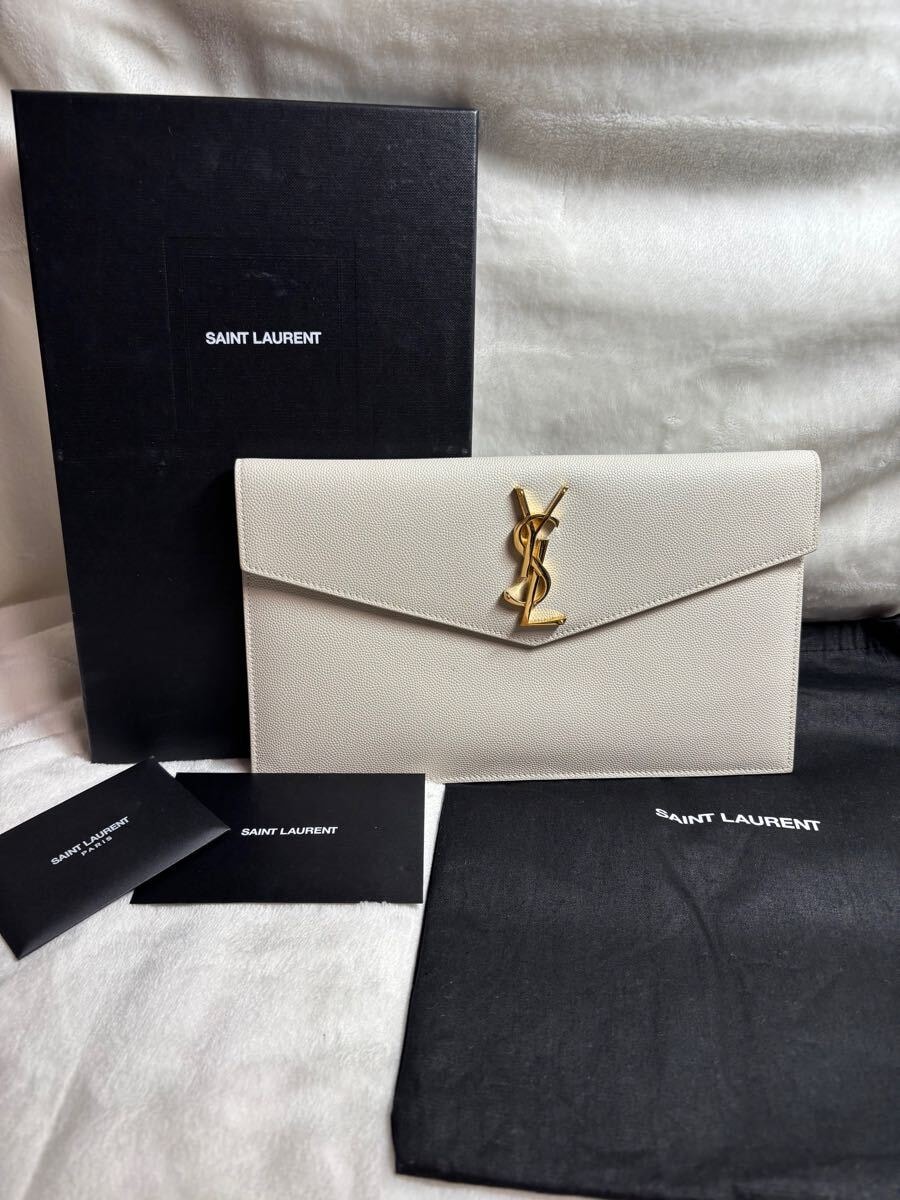 サンローラン アップタウン ポーチ (グレイン・ド・プードルエンボスレザー) ヴィンテージホワイト 美品