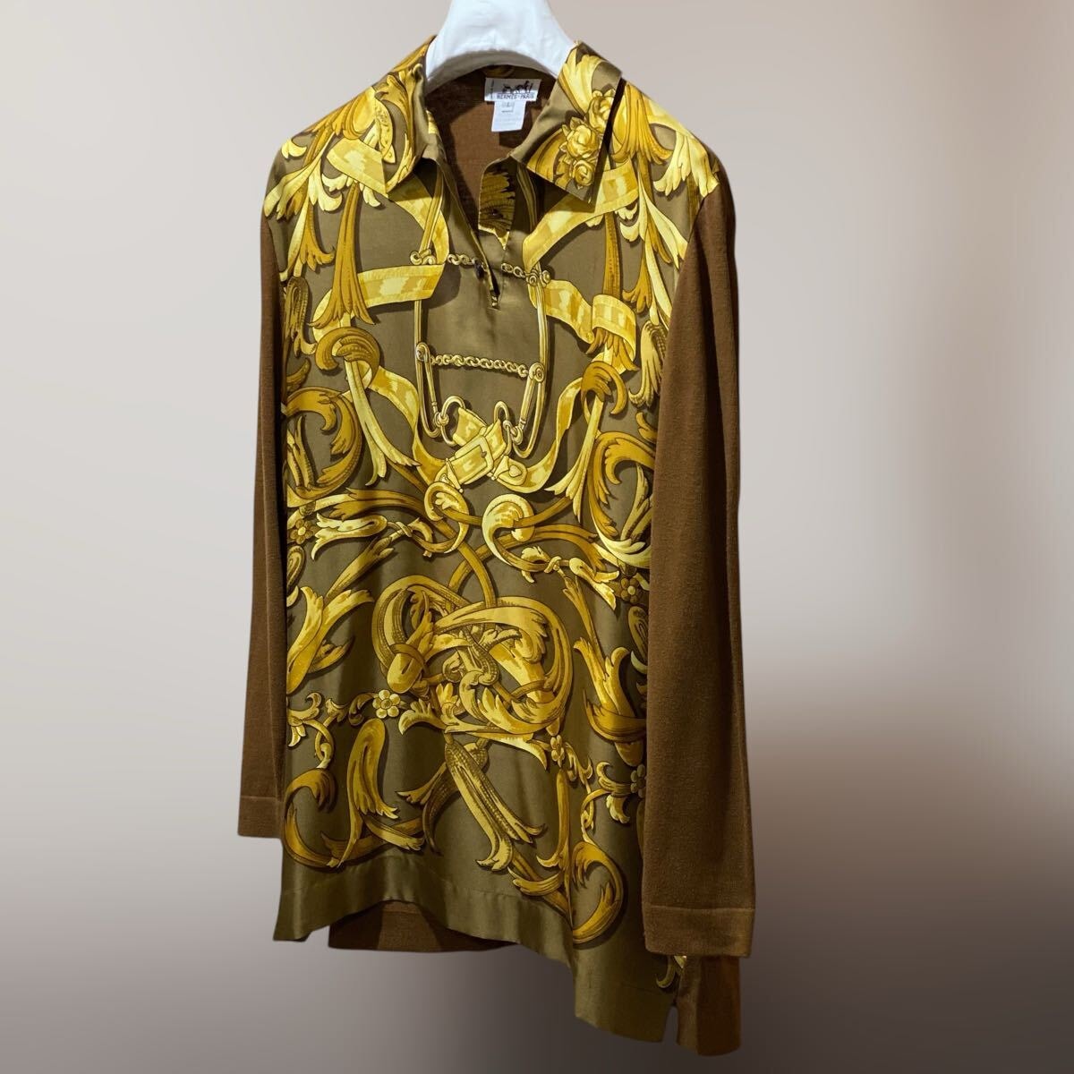 HERMES VINTAGE ニット切り替えシルクシャツ シルク×カシミヤ混コットン スカーフカレ ヴィンテージ 80s 90s