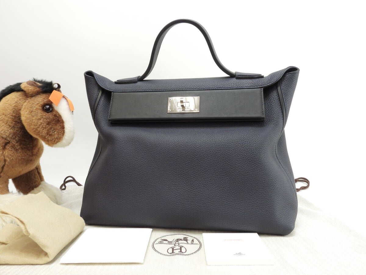 エルメス サックヴァンキャトル35 トゴ 紺黒 ハンドバッグ シルバー金具 美品@C 2