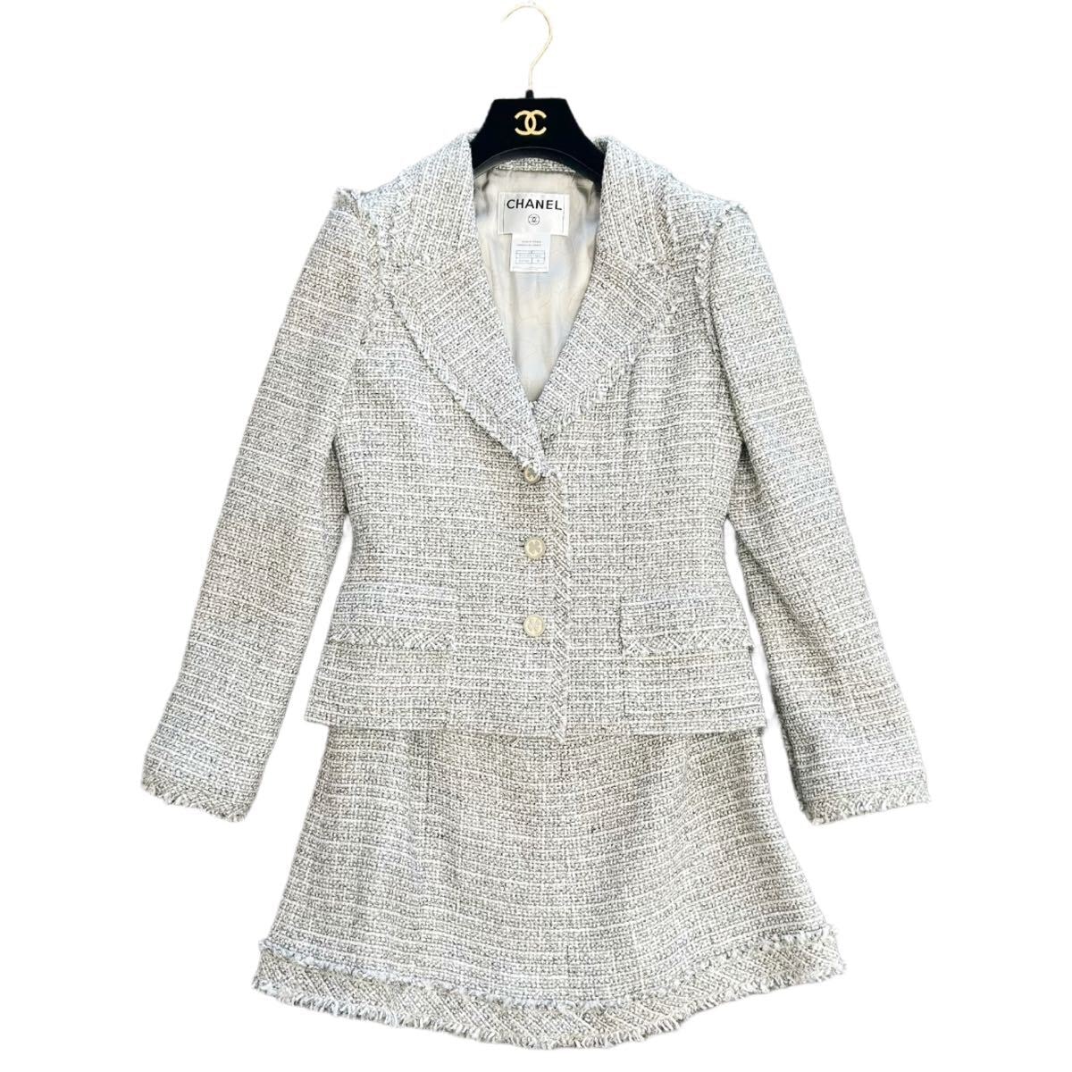 CHANEL　シャネル　ツイード　セットアップ　04P　クローバーボタン　ジャケット　スカート　グレー　レディース　ヴィンテージ　vintage