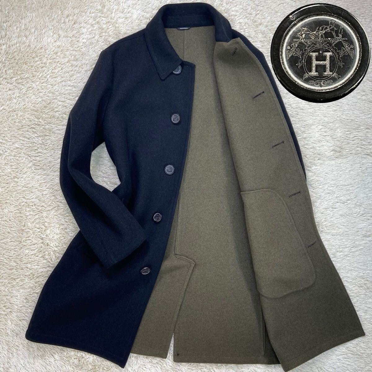 HERMES エルメス チェスターコート バイカラー 特大ロゴボタン