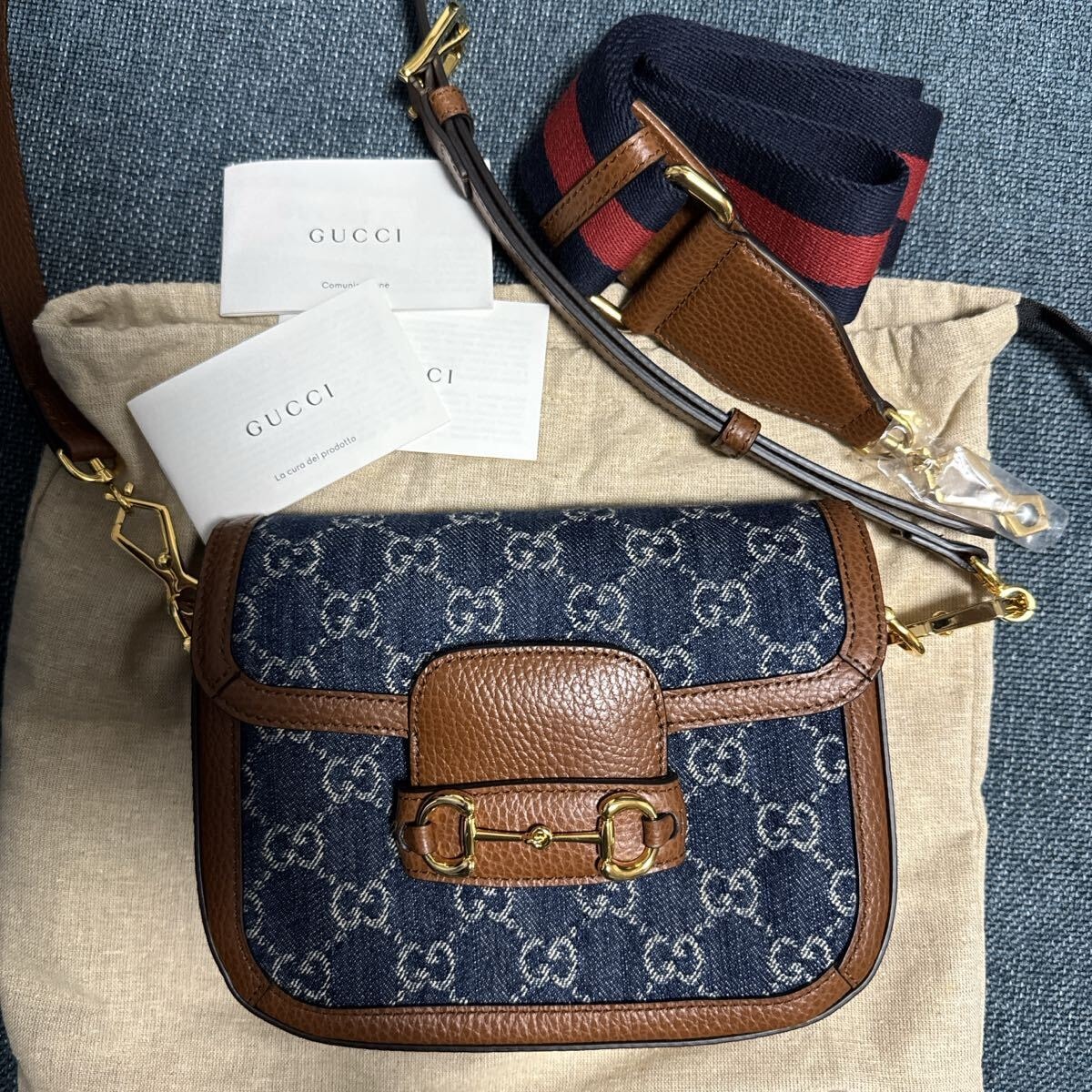 GUCCI グッチ ホースビット1955 デニム×レザー ショルダーバッグ ショルダーバッグ グッチ レザー ネイビー 斜め掛け ゴールド金具