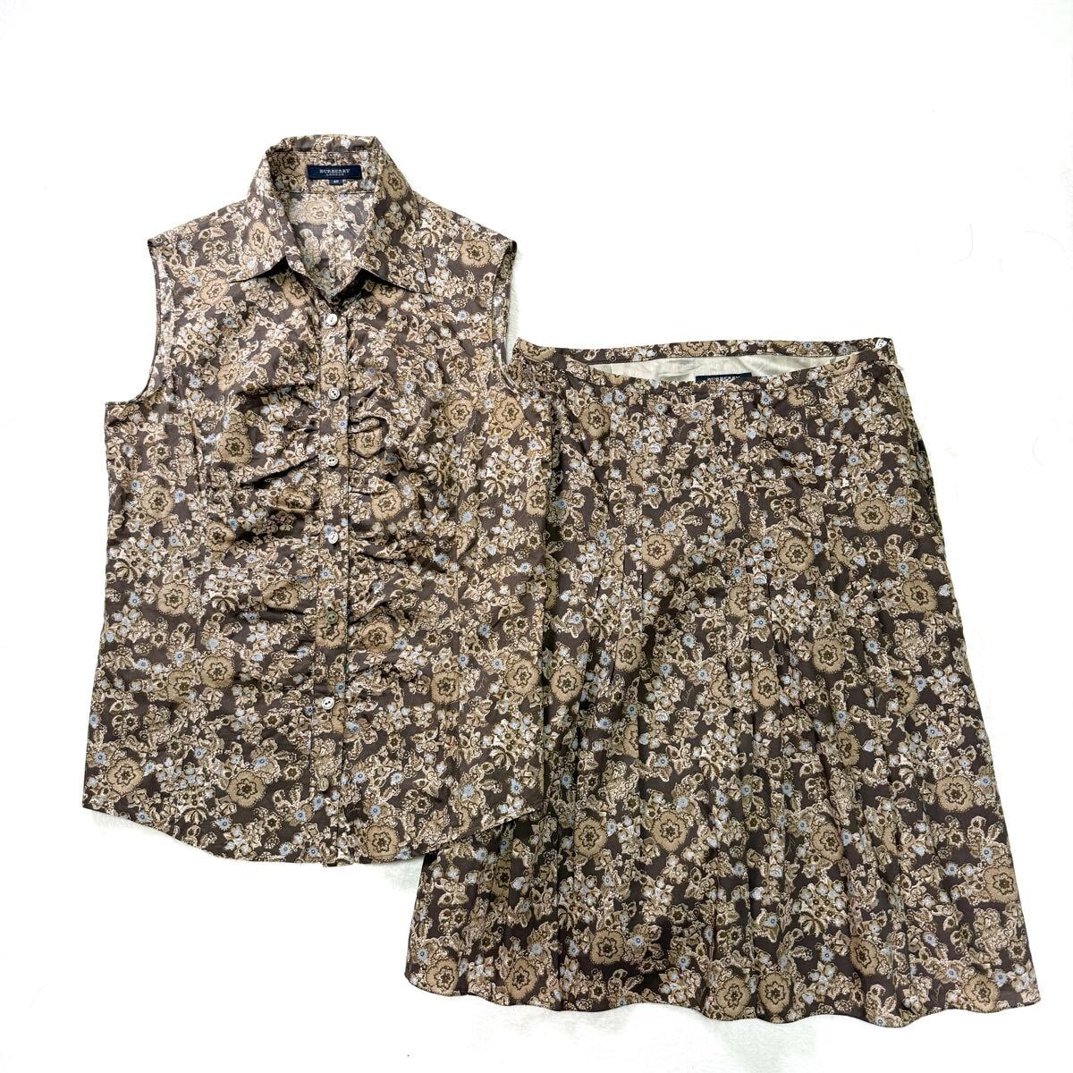 【新品同様】バーバリーロンドン セットアップ 花柄 ボタニカル フラワー コットン シャツ ノースリーブ スカート フレア ブラウン 40 L