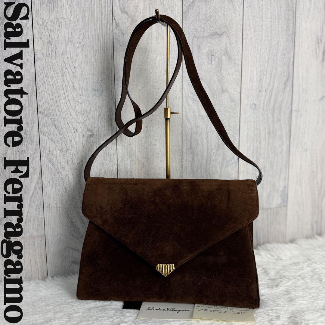 希少 スエード仕様 Salvatore Ferragamo サルヴァトーレ フェラガモ ゴールド金具 ショルダーバッグ ブラウン レディース
