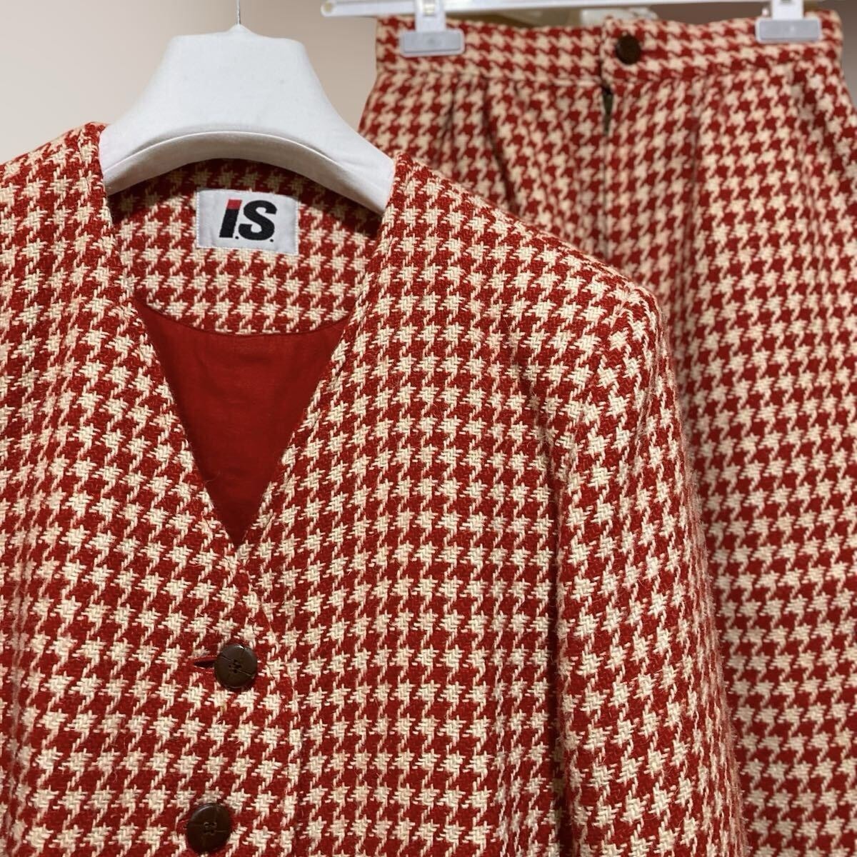 ARCHIVE イッセイスポーツ I.S. 千鳥格子柄 セットアップ ノーカラージャケット ロングスカート 赤白 イッセイミヤケ 80'S VINTAGE
