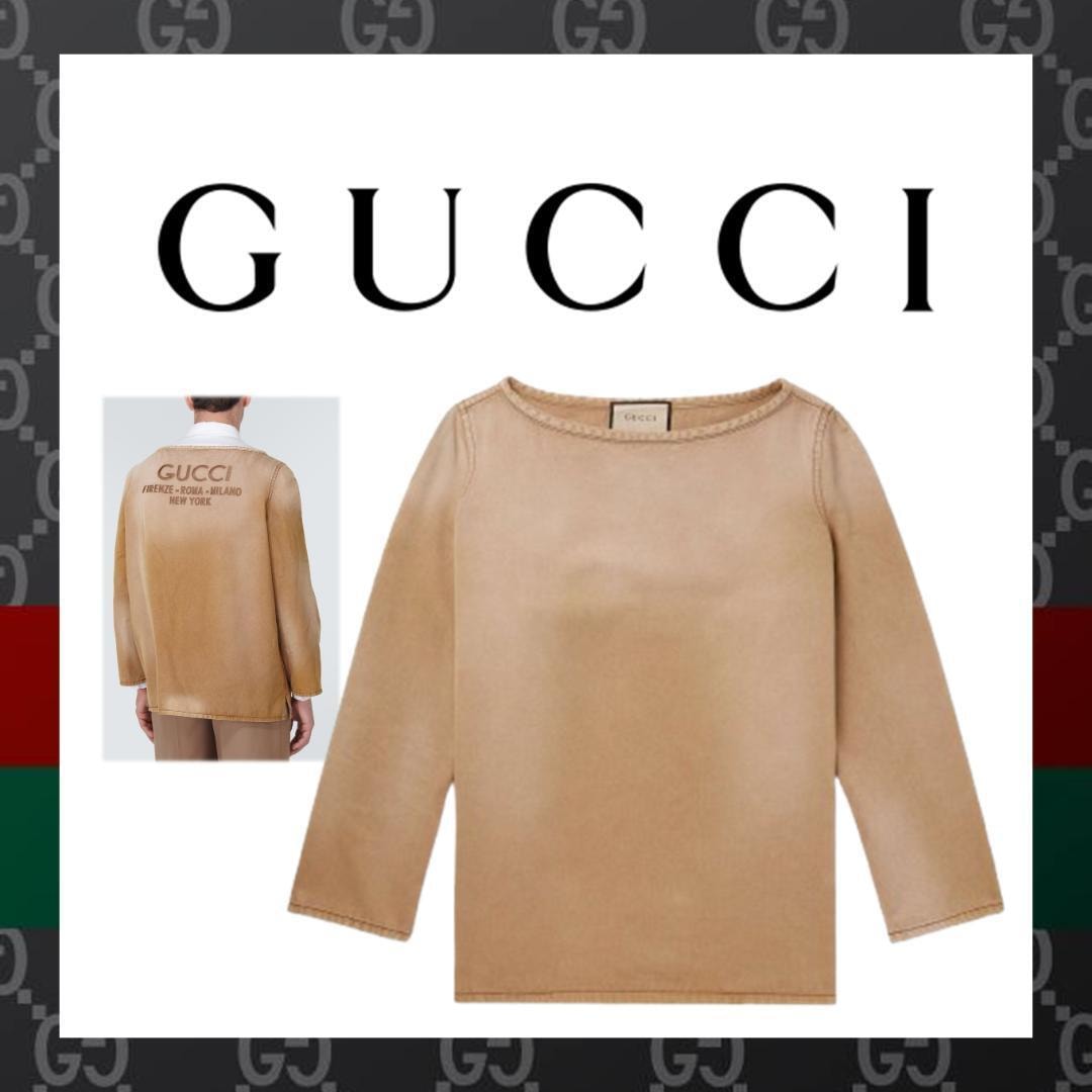○★新品 未使用 GUCCI エンブロイダリー デニム トップ 7分袖 Tシャツ ライトブラウン S相当（グッチ）○●