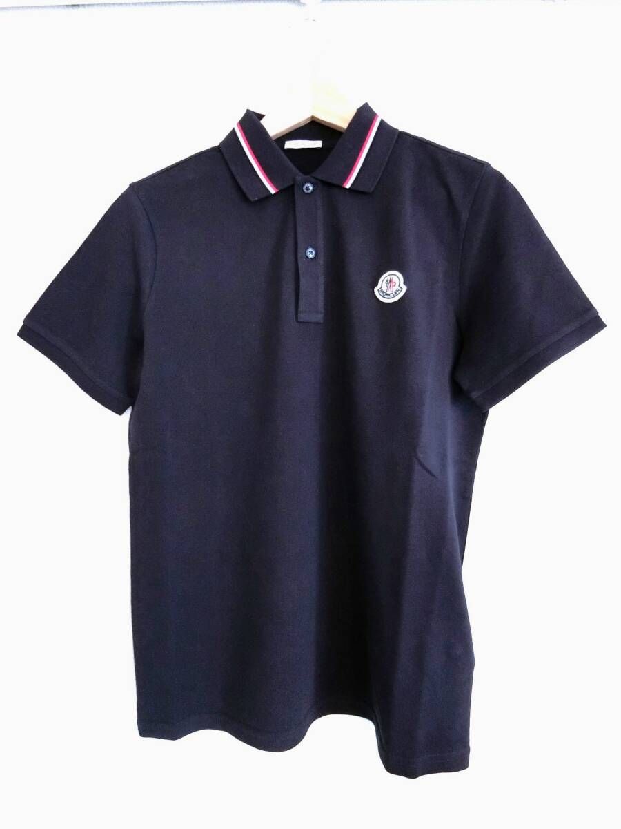 【新品 タグ付】MONCLER ロゴ ポロシャツ 半袖 ワッペン トリコロールカラー 綿 コットン S ネイビー 紺 77X モンクレール