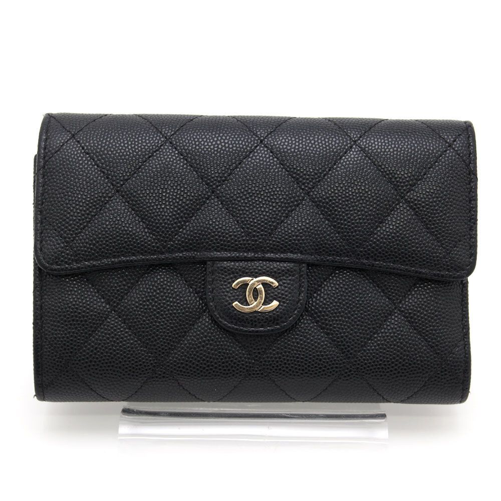 中古 良品 シャネル CHANEL 三つ折り財布 マトラッセ ミディアム フラップウォレット ココマーク キャビアスキン ブラック イタリア製 黒