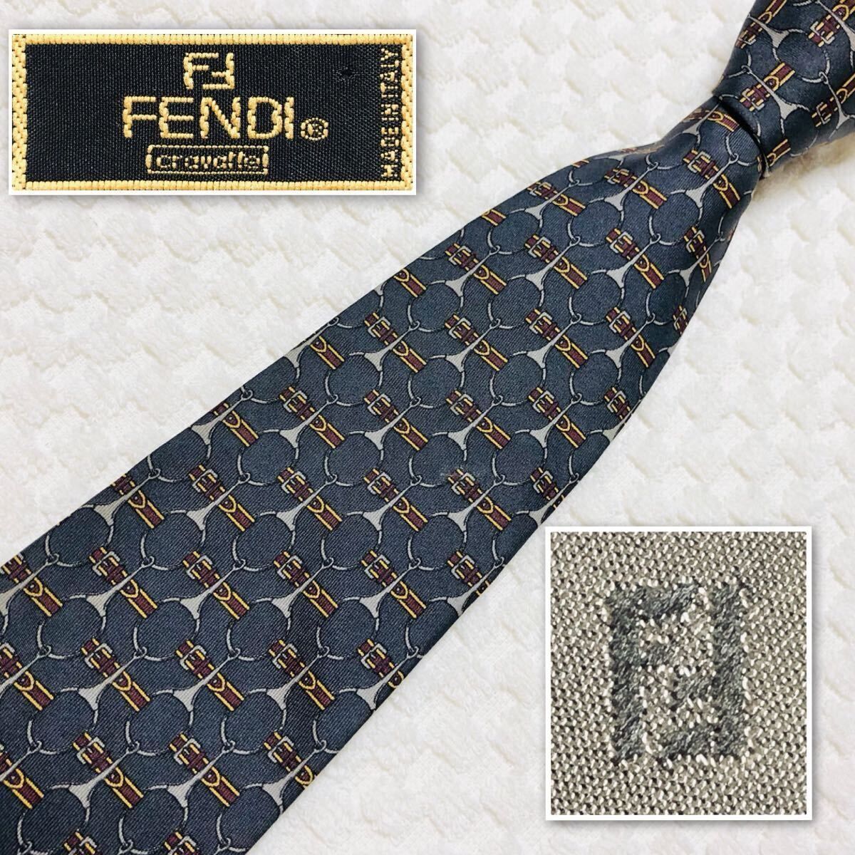 ■美品■FENDI フェンディ　ネクタイ　ベルトと金具の格子　総柄　シルク100% イタリア製　グレー系　ビジネス